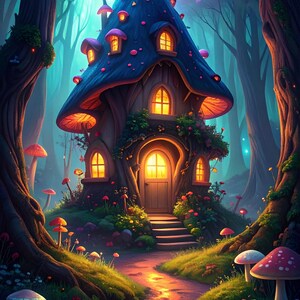 May include: A whimsical illustration of a mushroom-shaped house nestled in a vibrant forest. The house features a blue cap with red spots and glowing windows. A stone path leads to the door, surrounded by colorful mushrooms and lush greenery.