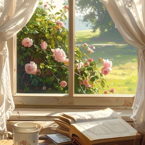 Könnte beinhalten: Eine ruhige Szene eines Fensters mit Blick auf einen Garten mit rosa Rosen. Eine Tasse und Untertasse mit floralen Mustern stehen auf einem Holztisch neben einem offenen Buch. Spitzengardinen umrahmen die Aussicht und schaffen eine friedliche Atmosphäre.