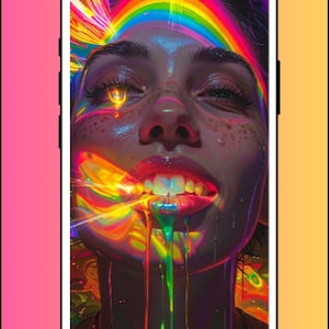 Pode incluir: Imagem de arte digital na tela de um smartphone. A obra apresenta uma pessoa com efeitos de luz de arco-íris emanando da boca e dos olhos, com um arco-íris sobre a cabeça. O fundo é um gradiente de rosa e amarelo.