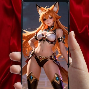 May include: A smartphone displays a digital illustration of a female character with fox ears and long orange hair. She wears a white and brown outfit with gold and blue accents. The background is a blurred blue.