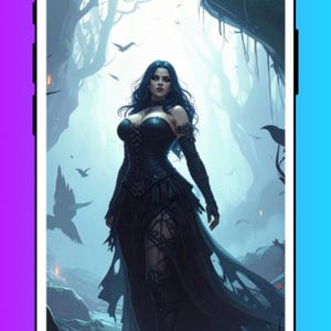 May include: Digital artwork of a woman in a black gothic dress with long dark hair, set in a misty forest. The image is displayed on a smartphone with a gradient background.