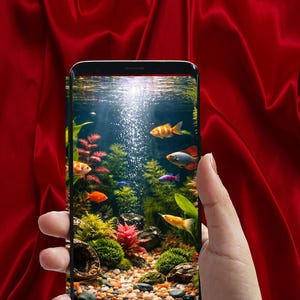 May include: A smartphone displays a vibrant aquarium scene with colorful fish, aquatic plants, and bubbles. The phone is held against a backdrop of deep red fabric, creating a striking contrast. The aquarium features orange, yellow, and blue fish.
