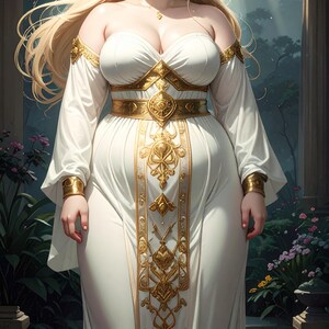 May include: A woman in a white gown with gold accents, standing in a sunlit garden. The dress features a strapless bodice, long sleeves, and ornate gold detailing on the waist and down the front. Her blonde hair is styled with gold accessories.