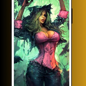 May include: Digital art of a woman in a pink corset and black pants, holding crows. The woman has long green hair and is set against a green and black background. The image is displayed on a smartphone.