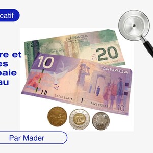 Op de afbeelding: De afbeelding toont Canadese bankbiljetten, een biljet van $20 en een biljet van $10, munten en een stethoscoop. De Franse tekst luidt "Comprendre et maîtriser les codes de paie infirmiers au Québec" en "Manuel explicatif."