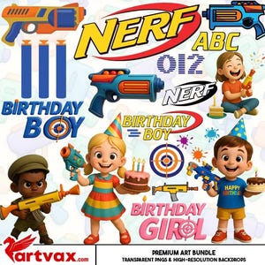 Puede incluir: Un paquete de arte digital con ilustraciones de pistolas Nerf, gráficos de cumpleaños y niños de dibujos animados. La imagen incluye el texto "NERF", "Birthday Boy", "Birthday Girl" y "Happy Birthday". También presenta dianas, pasteles y el sitio web "artvax.com".