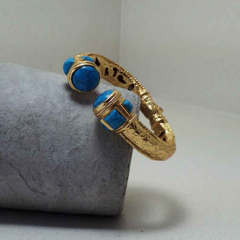 Genuine Turquoise Hinged Bangle, 18K Gold Plated Bronze Hellenistic ...