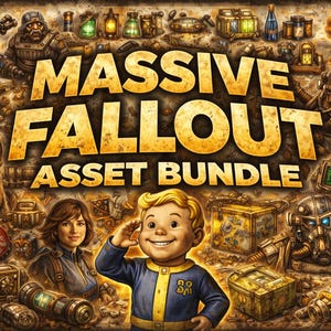 May include: A vintage-style illustration with the text "MASSIVE FALLOUT ASSET BUNDLE." The image features characters and objects from the Fallout video game series, including a dog, Vault Boy, and various weapons and equipment. The color palette is dominated by browns and yellows.