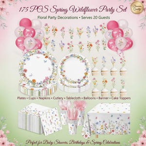 May include: A spring-themed party set with floral decorations. The set includes plates, cups, napkins, cutlery, a tablecloth, balloons, a banner, and cake toppers. The set serves 20 guests and is perfect for baby showers, birthdays, and spring celebrations.