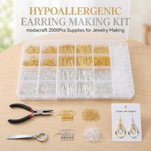 May include: A clear plastic organizer filled with earring-making supplies, including gold and silver-colored hooks, clasps, and pins. The kit includes pliers, tweezers, and a card with two finished earrings. Text on the box reads "HYPOALLERGENIC EARRING MAKING KIT".
