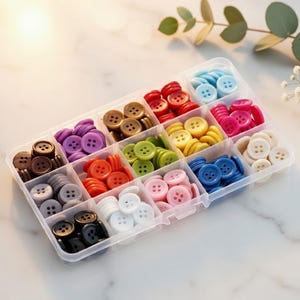 May include: A clear plastic organizer filled with colorful buttons. The buttons are in various colors, including red, blue, pink, green, and brown. The buttons are round with four holes and are arranged in separate compartments.