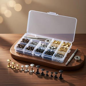 May include: A clear plastic organizer box filled with various metal rivets in gold, silver, and black. The box sits on a wooden tray, with additional rivets and tools displayed. Rivets are used for leathercraft and other DIY projects.