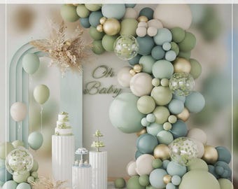 Kit de arco de globos verde salvia de 141 piezas, guirnalda azul empolvado, dorada y blanca para decoración de baby shower