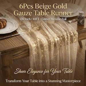 May include: Beige and gold gauze table runner with glitter metallic foil. The runner is 305 cm long and is draped over a wooden table. The text on the image reads "Sheer Elegance for Your Table."
