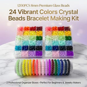 May include: A bracelet-making kit with 1200 premium 8mm glass beads in 24 vibrant colors. The kit includes two organizer boxes and a display of finished bracelets. Text on the image reads: "24 Vibrant Colors Crystal Beads Bracelet Making Kit."