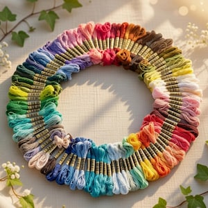 May include: A circular arrangement of colorful embroidery floss in a spectrum of hues, from pinks and purples to greens and blues. The floss is neatly organized, creating a vibrant rainbow effect. Green ivy and white flowers are in the background.