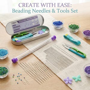 May include: A beading needles and tools set, including a metal case, scissors, a measuring tape, and a clear tube of needles. The set is accompanied by small bowls of blue, green, and purple beads, and decorative flower-shaped beads. The text "CREATE WITH EASE" is visible.