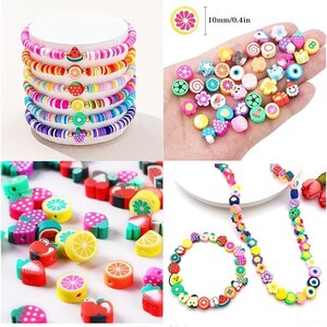 May include: A collection of colorful clay beads featuring various fruit, flower, and geometric patterns. The set includes stacked bracelets, loose beads measuring 10mm/0.4in, and a necklace. The beads are multi-colored with designs like watermelon, lemon, and strawberry.