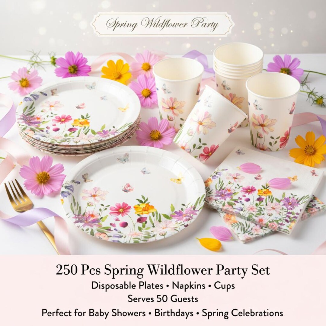 Spring Tablewar Spring Wildflower Party Tableware Set 250pcs Plates Cups Napkins for ...