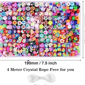May include: A rectangular clear plastic storage container filled with assorted colorful clay beads in various shapes including flowers, animals, sports balls, and letters. The container measures 190mm by 130mm and includes a 4-meter spool of clear crystal rope.