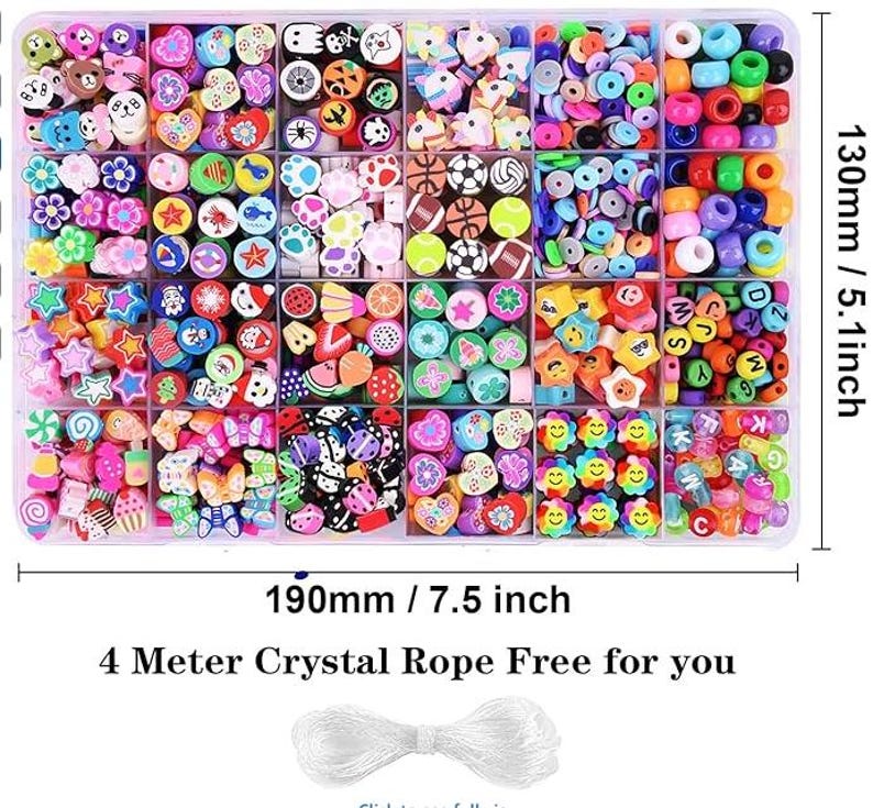 May include: A rectangular clear plastic storage container filled with assorted colorful clay beads in various shapes including flowers, animals, sports balls, and letters. The container measures 190mm by 130mm and includes a 4-meter spool of clear crystal rope.
