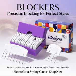 May include: A product shot of hair styling tools. The image features a purple container holding white blockers, two white combs with metal pins, and a box with a colorful geometric design. Text on the box and tools reads "Blockers" and "locking of your projects."