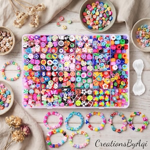 May include: A clear plastic storage container filled with a variety of colorful clay and plastic beads in different shapes, including hearts, stars, fruits, and sports balls. The set includes several finished beaded bracelets and white string.