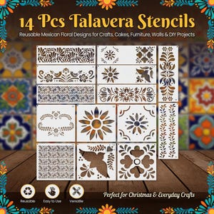 May include: A collection of 14 Talavera stencils with Mexican floral designs. The stencils are white and feature various patterns, including flowers, birds, and geometric shapes. Text on the image reads "Reusable Mexican Floral Designs for Crafts, Cakes, Furniture, Walls & DIY Projects."