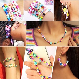 May include: A collection of colorful accessories featuring multi-colored plastic beads, including bracelets, a necklace, hoop earrings, and a phone charm. The items incorporate various shapes such as flowers, fruits, stars, and letters.