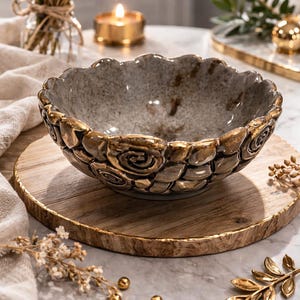 Può includere: Una ciotola decorativa in ceramica con interno grigio ed esterno dorato con un motivo a rose. La ciotola è su un vassoio rotondo in legno con bordo dorato. La scena comprende una candela accesa ed elementi decorativi.