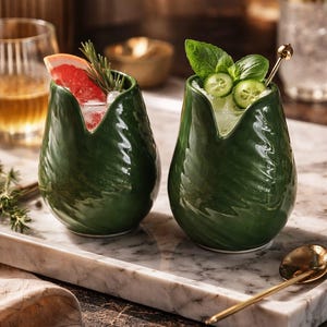 May include: Two green ceramic cocktail glasses with a unique, curved design, each filled with a refreshing drink. One glass features a grapefruit slice and rosemary, the other basil and cucumber. The glasses sit on a marble tray.