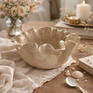May include: A beige ceramic bowl with a ruffled edge is on a wooden table, with a linen cloth, seashells, and a spoon. A bouquet of flowers and a lit candle are in the background, creating a serene, neutral aesthetic.
