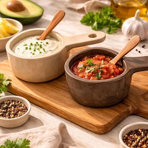 Può includere: Un tagliere in legno contiene due piccole ciotole di cibo, una con una salsa bianca cremosa e l'altra con una salsa rossa. Cucchiaini di legno sono in ogni ciotola. Altri ingredienti sono visibili.