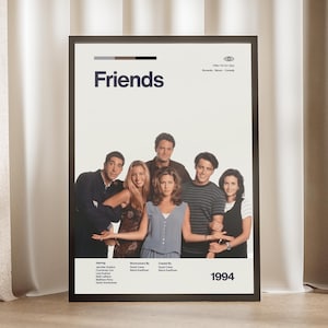 May include: A framed poster featuring the cast of the television show Friends. The design includes the title Friends, a color palette bar, show details, and the year 1994. The cast is shown in a group portrait with credits for stars, showrunners, and creators.