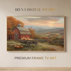 Autumn Farmhouse Samsung Frame TV Art, Pumpkin Patch Fall Sunset TV Screen Design,Thanksgiving Decor,Halloween Country Barn Digital Download