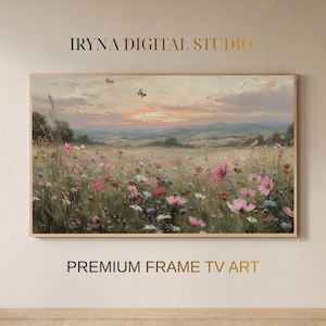 May include: A rectangular digital art print for a television screen featuring a landscape of a wildflower meadow with pink and white flowers under a sunset sky. The text IRYNA DIGITAL STUDIO and PREMIUM FRAME TV ART is visible in gold.