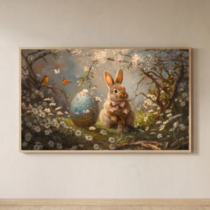 Digital Download Samsung Frame TV Art, Easter Bunny in Daisy Garden Screen Saver, Spring Floral Rabbit TV Wallpaper, Cute Easter Egg 16:9Art