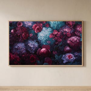 Moody Blumen Samsung Rahmen TV Kunst, Dunkellila und Blau Hortensie Rose Ölgemälde, Moody Botanical TV Wallpaper Hintergrund DigitalDownload