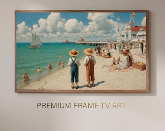 Vintage Beach Painting Frame TV Art, Victorian Coastal Summer Landscape, Nostalgic Ocean Painting, Antique Seaside Boardwalk Wall Art