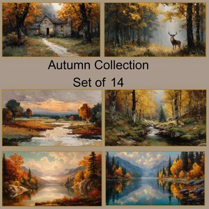 Könnte beinhalten: Ein Set aus 14 digitalen Kunstdrucken mit dem Titel Autumn Collection, das Landschaftsmalereien von Steinhäusern, Hirschen im Wald, fließenden Bächen und Bergseen mit goldenem Herbstlaub und spiegelnden Wasseroberflächen zeigt.