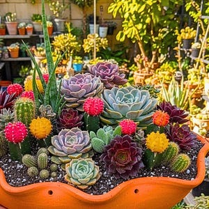 May include: A vibrant orange planter overflowing with a variety of succulents and cacti. The arrangement includes a mix of colors, from deep burgundy and light green to bright red and yellow cacti. The plants are arranged in a decorative, eye-catching display.