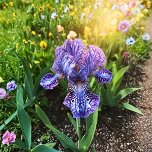 May include: A close-up of a vibrant purple iris flower with intricate patterns of dark purple and white stripes. The flower is surrounded by green leaves and a blurred background of colorful wildflowers and sunlight.