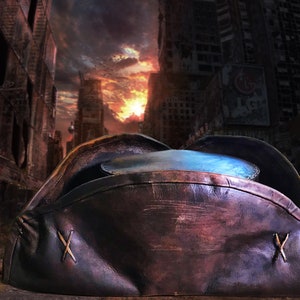 May include: A brown leather pirate hat with a blue lining and two crossed stitches on the side. The hat is lying on a surface in front of a dark, apocalyptic cityscape.