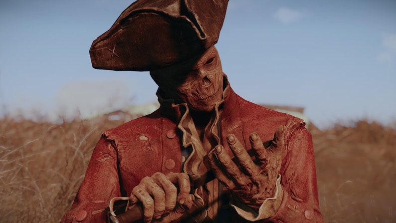 May include: A skeletal figure wearing a red coat and a tricorn hat holds a small object in their hands. The figure is standing in a field of tall grass.