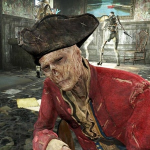 May include: A close-up of a zombie wearing a tattered red coat and a black tricorn hat. The zombie has a pale, decaying face and is looking down.