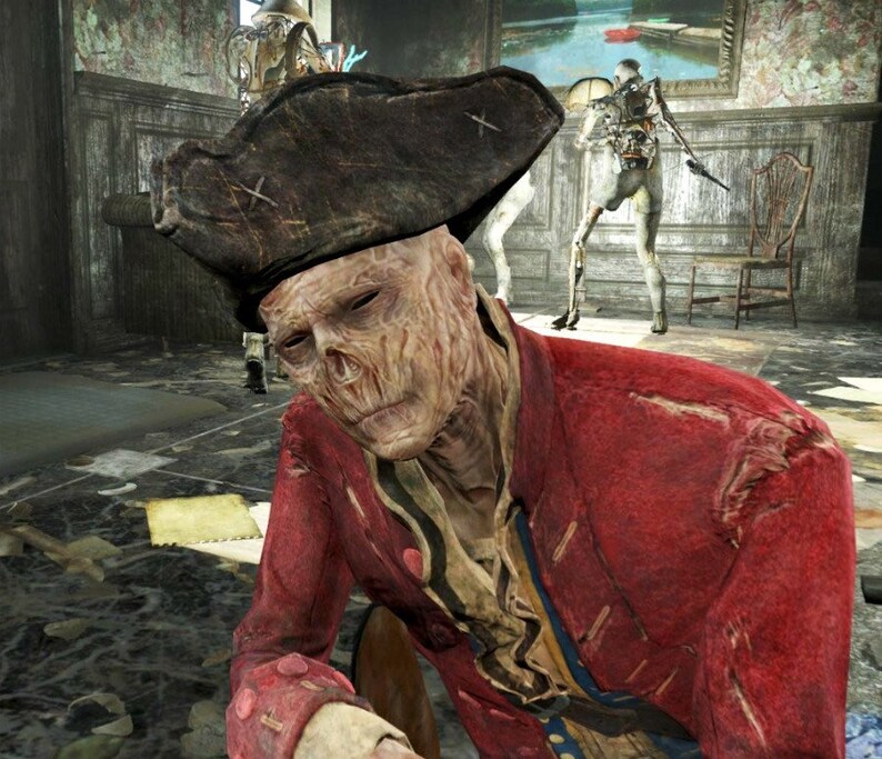 May include: A close-up of a zombie wearing a tattered red coat and a black tricorn hat. The zombie has a pale, decaying face and is looking down.
