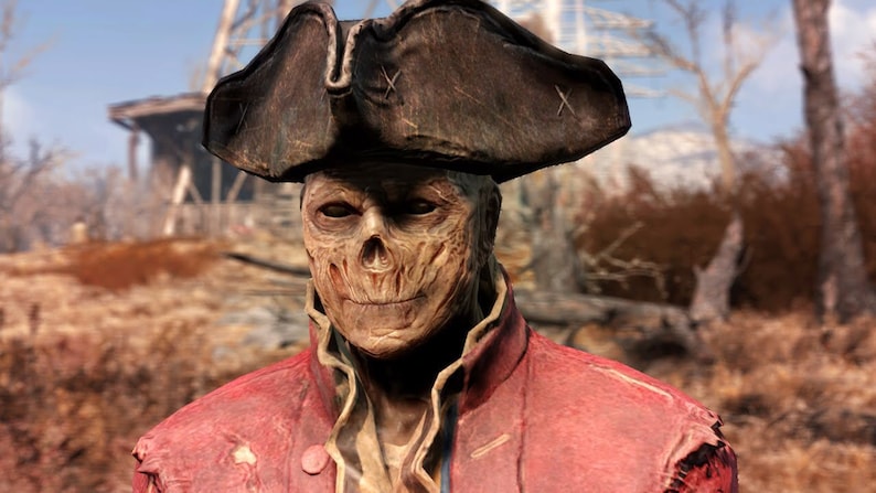 May include: A close-up of a character from the Fallout video game series. The character is wearing a red jacket and a tricorn hat. The character has a skeletal face with a sinister smile.