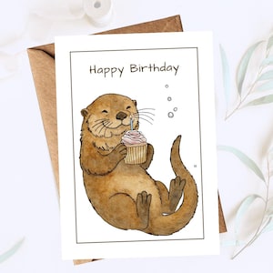 Watercolor Otter Birthday Card, Whimsical Animal Art (Digital Download)