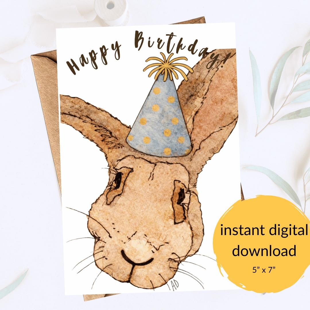 Cute Rabbit Birthday Card Printable Watercolor Animal Birthday Card ...