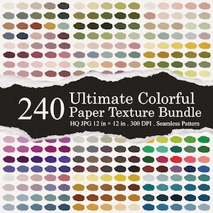 May include: A digital paper texture bundle with 240 colourful swatches in diverse shades. The image shows a torn paper effect with the text "Ultimate Colorful Paper Texture Bundle" and dimensions of 30.48 cm x 30.48 cm.